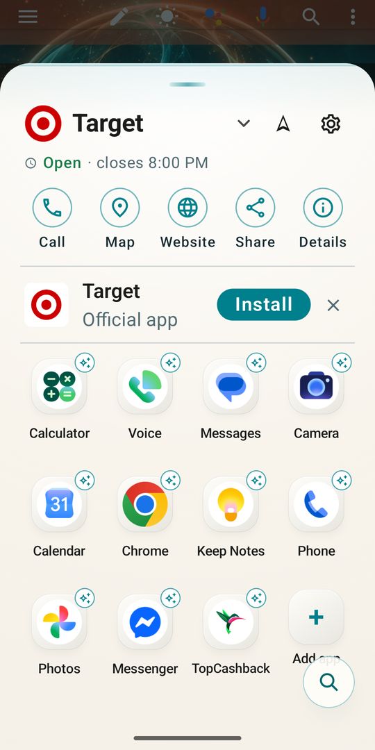 Apposite's drawer at a Target store: the store's hours, buttons to call or get directions, Target's own app, and apps such as Calculator, Calendar and Keep Notes